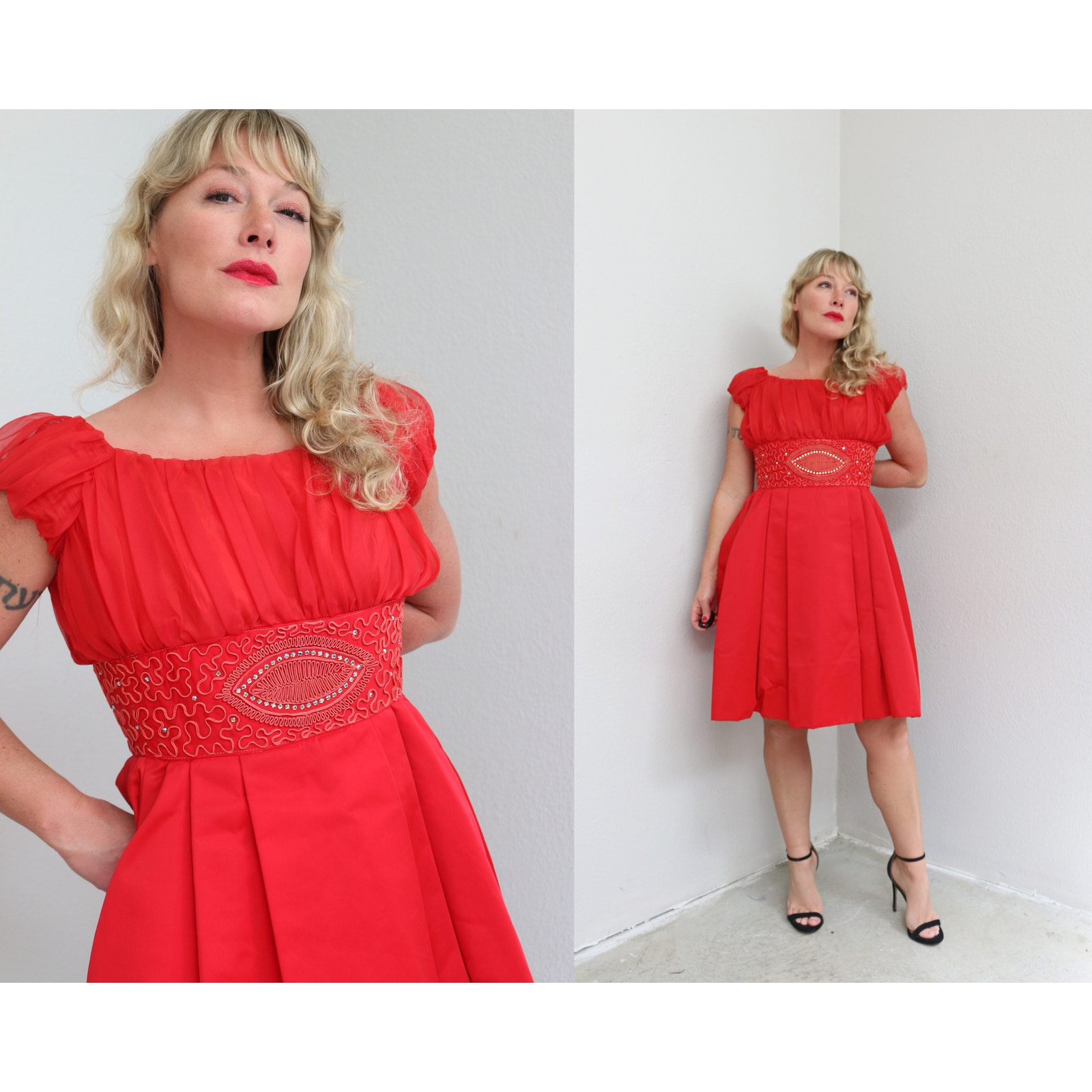 1950's Vintage Rockabilly Red Sweetheart Beaded Waist Party Dress ~ Women's Xxs